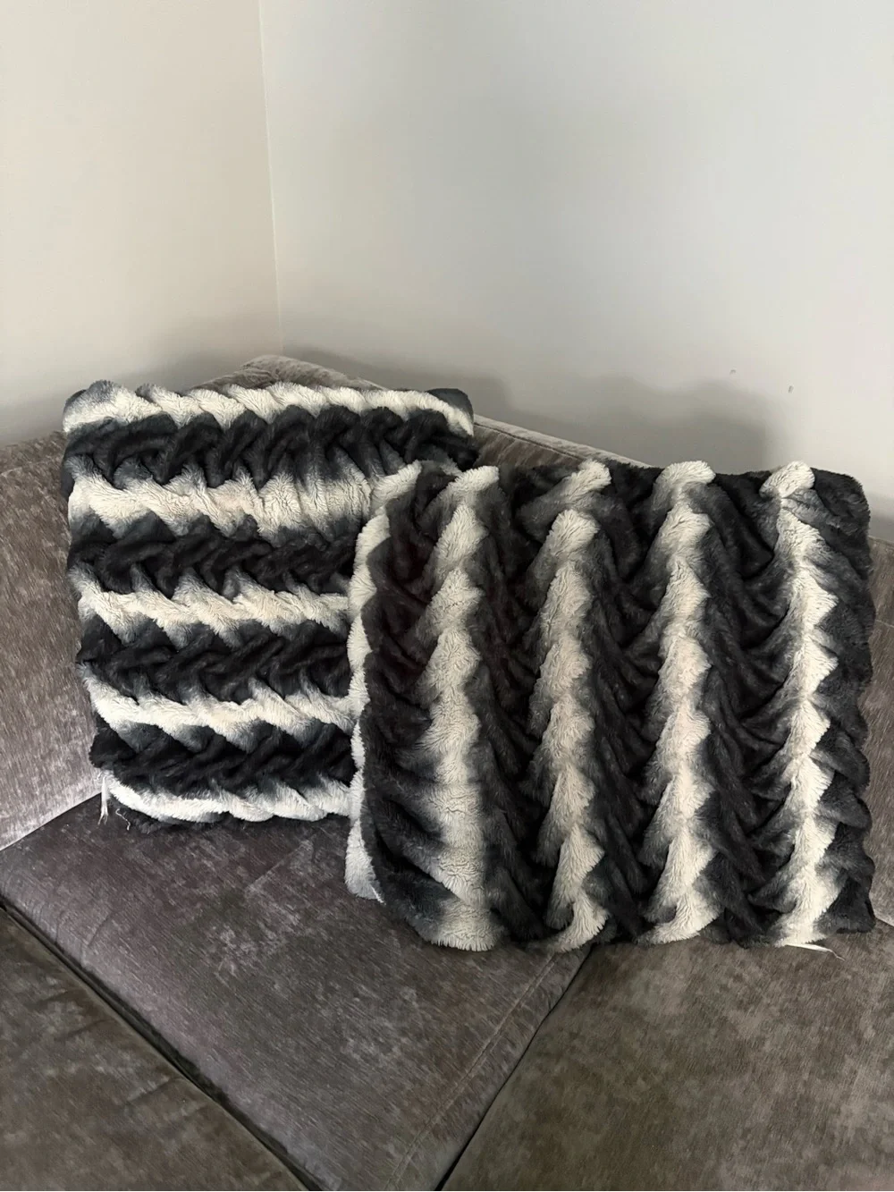 Luxury Faux Fur Chevron Throw pillows- Gray & White